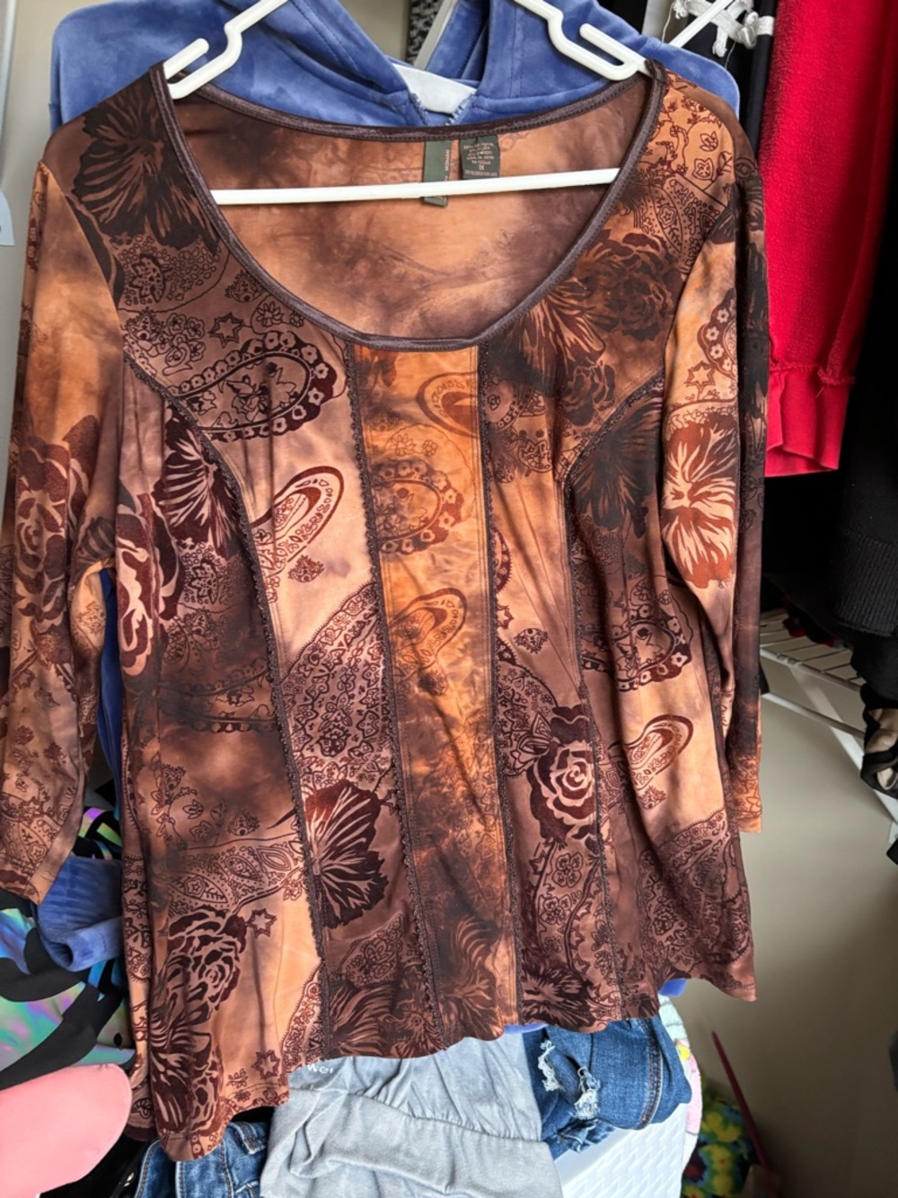 Whimsey Women's Brown Paisley Panel Scoop Neck Top